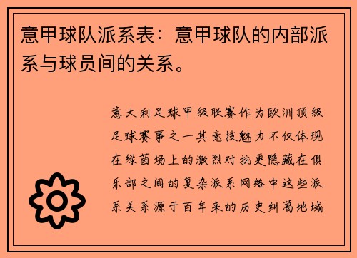 意甲球队派系表：意甲球队的内部派系与球员间的关系。