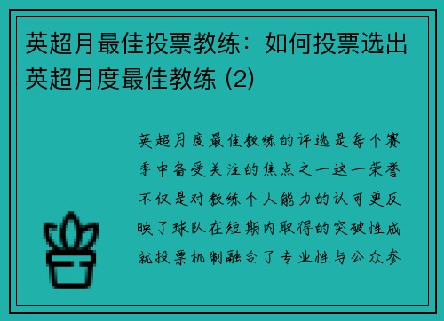 英超月最佳投票教练：如何投票选出英超月度最佳教练 (2)